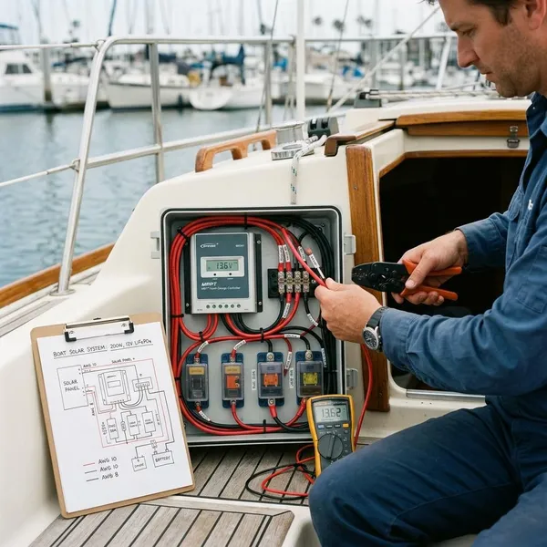 Welke laadregelaar kies je in dit aansluitschema voor een zonnepaneel op een boot