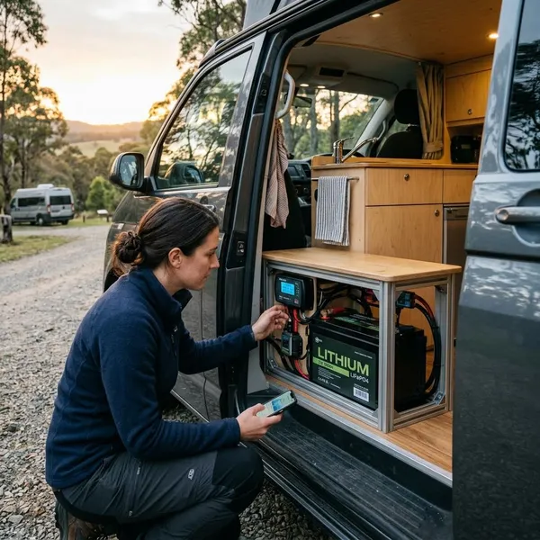 Camper huishoudaccu laden via walstroom